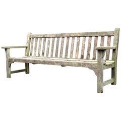 Old Weathered Teak Slat Back Long Garden Bench