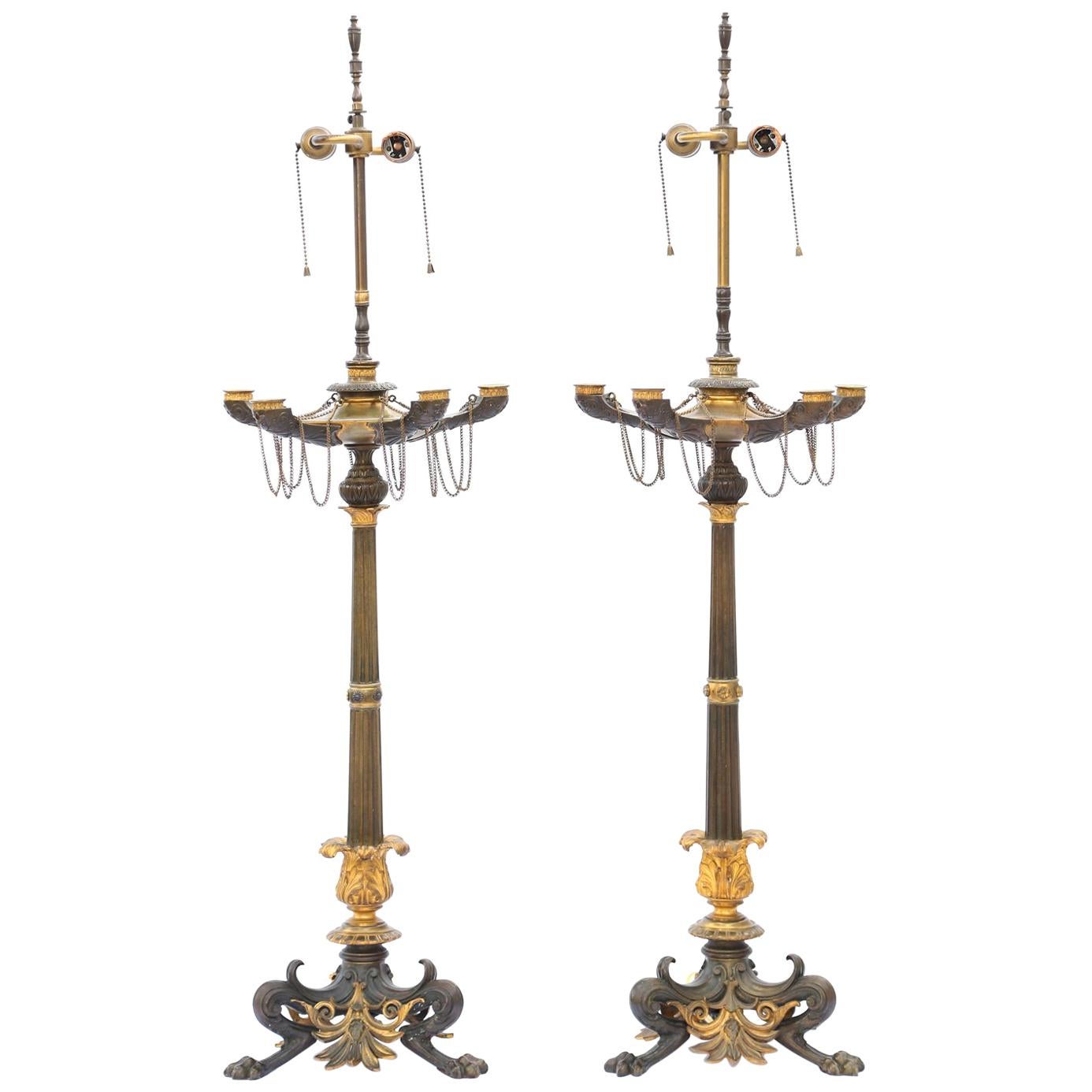 Pair of Regency Patinated Bronze and Ormolu Candelabra Lamps For Sale