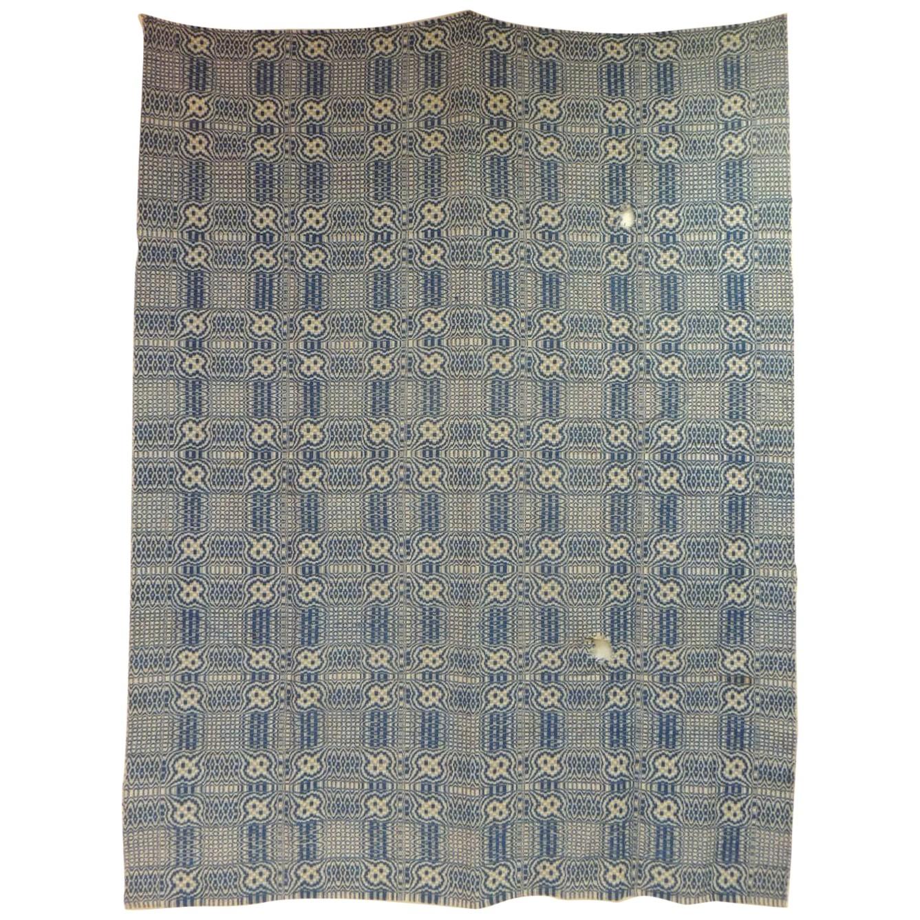 Vintage Americana Style Blue and White Woven Coverlet