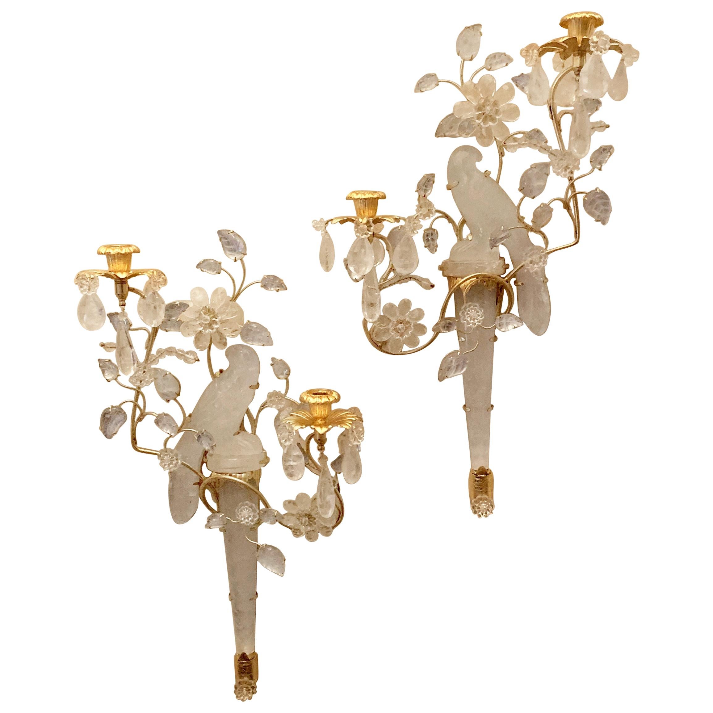 Wonderful Pair of Chinoiserie Rock Crystal Two-Arm Gold Gilt Bird Flower Sconces