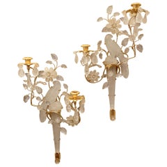 Wonderful Pair of Chinoiserie Rock Crystal Two-Arm Gold Gilt Bird Flower Sconces
