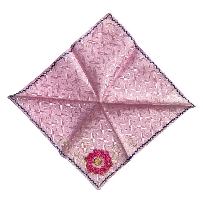 Silk Hand Stitched Pink Floral Dinner Napkins or Hankies Set of 8