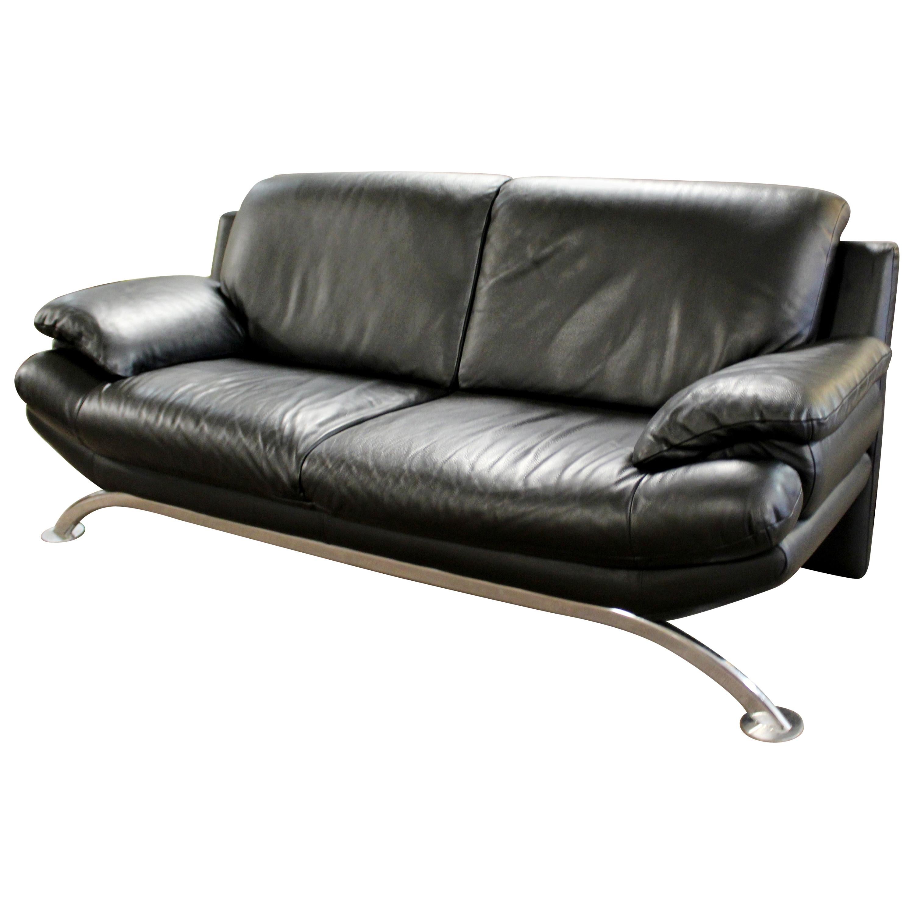 Contemporary Modern Chrome Sofa Black Leather Roche Bobois, 1980s