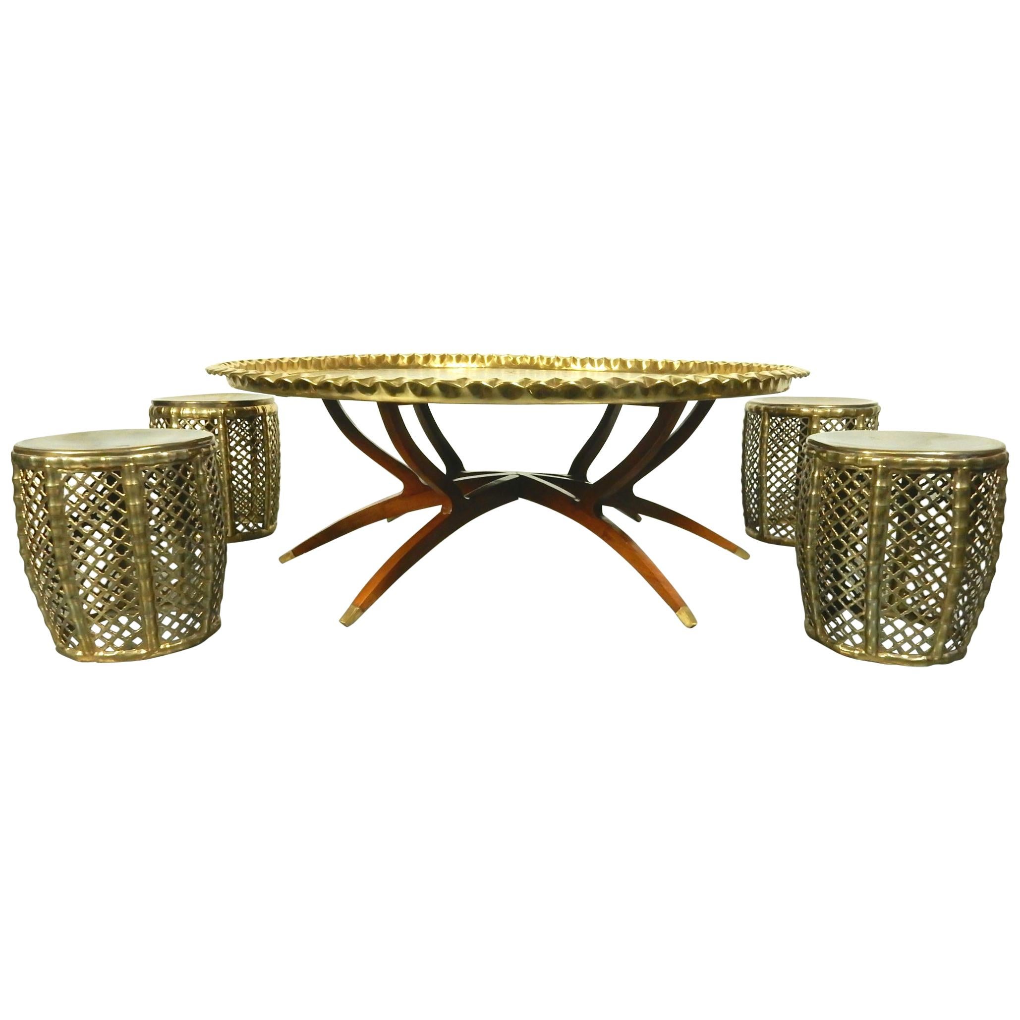 1950's Campaign Brass Tray Coffee Table with 4 Brass Stools
