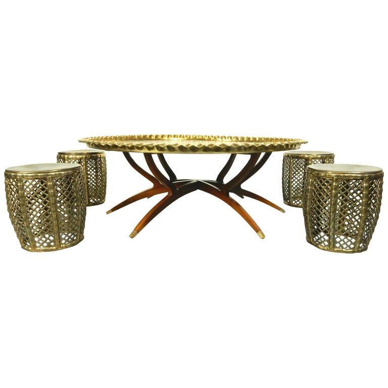 Bohemian Campaign Brass Tray Coffee Table with 4 Brass Stools For Sale