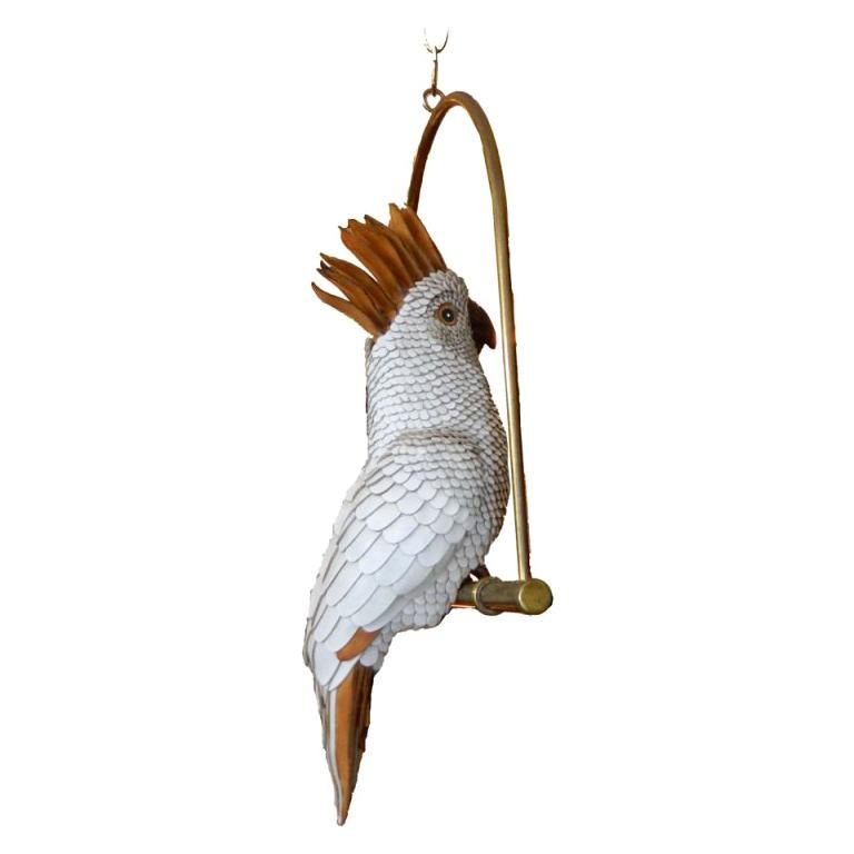 Signed FEDERICO white Hand-Crafted Leather Cockatoo On Brass Swing, Mexico For Sale