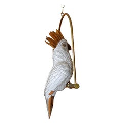 Firmato FEDERICO bianco Cacatua in pelle fatto a mano su altalena in ottone, Messico