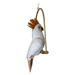 Vintage Signed FEDERICO white Hand-Crafted Leather Cockatoo On Brass Swing, Mexico