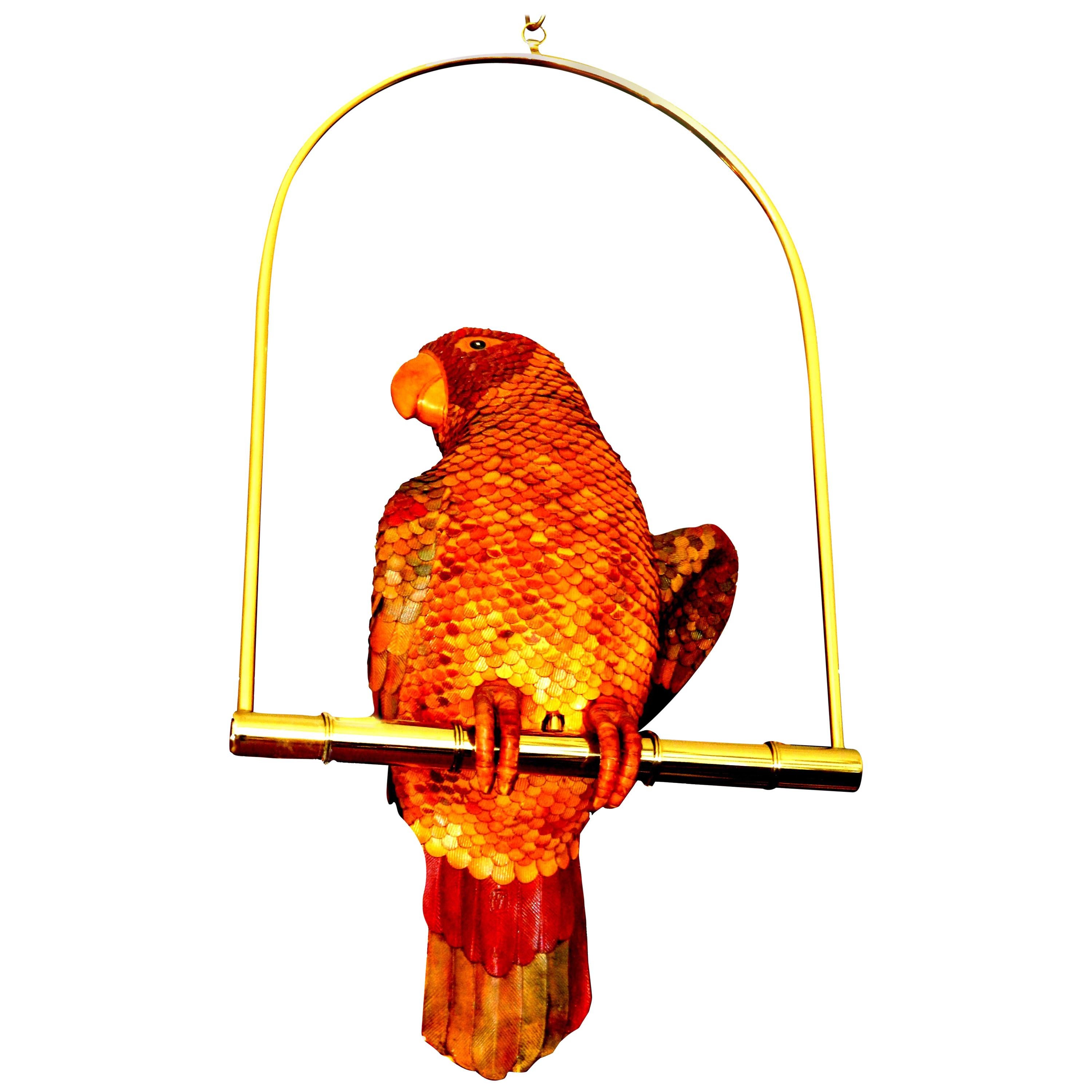 Signed Federico Mexico Leather Parrot Perched On Brass Swing Mid-Century Modern