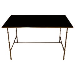Maison Bagues French Neoclassical Coffee Table Brass & Black Opaline Glass Top