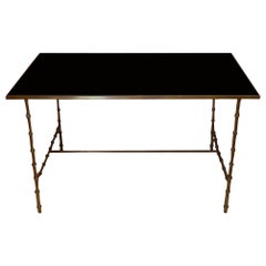 Maison Bagues French Neoclassical Coffee Table Brass & Black Opaline Glass Top