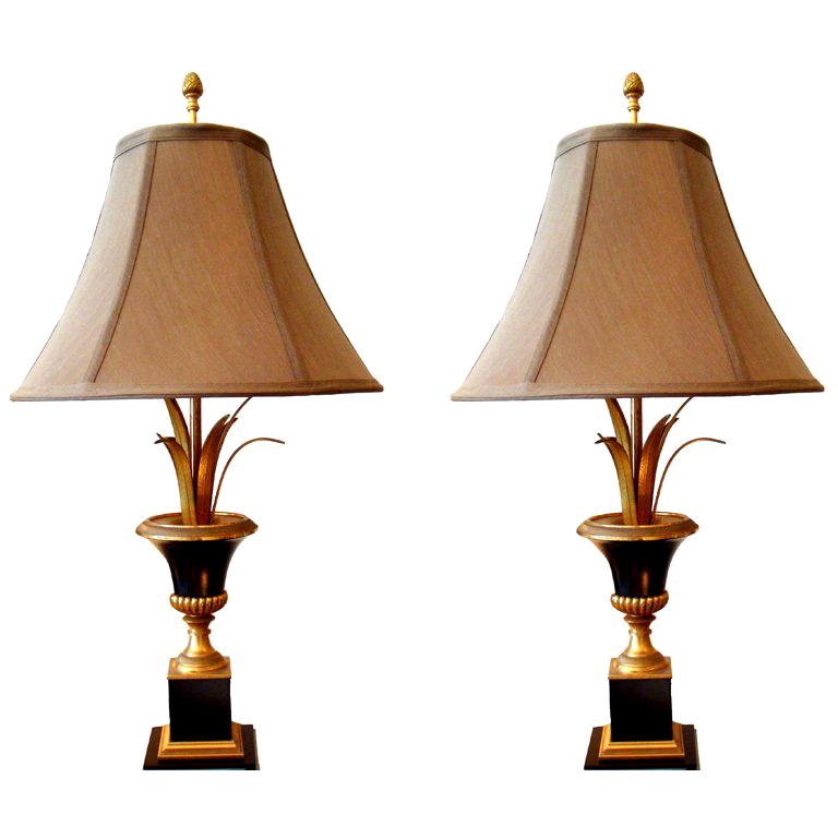 Pair of Maison Charles Neoclassical Brass Table Lamps For Sale