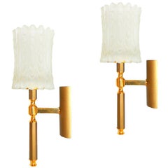Pair of French Art Deco Brass & Frosted Glass Sconces, Wall Lights 