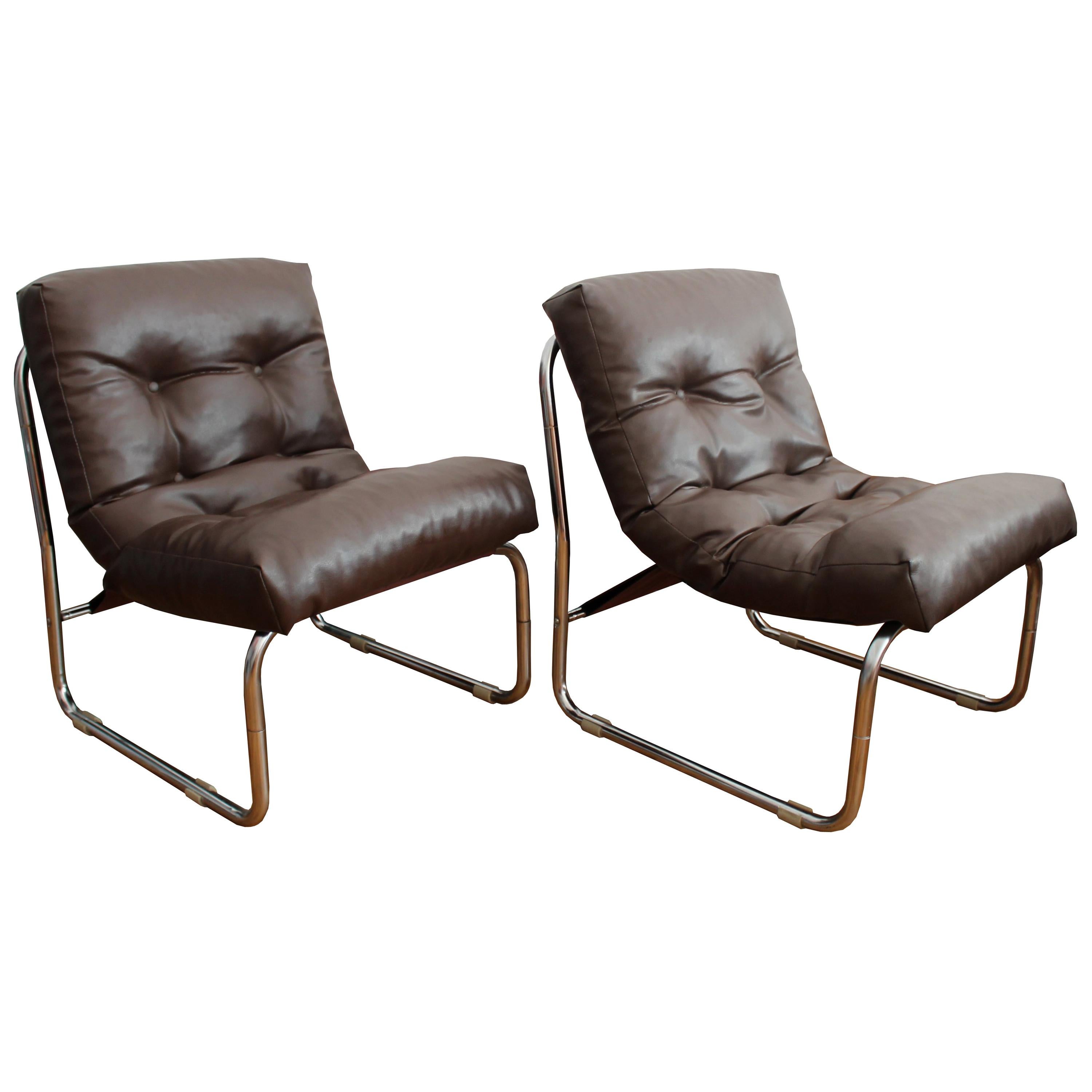 Pair of 1970s Neomodernist Tubular Leather Armchairs For Sale
