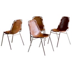 Les Arcs Set of Four Leather Tan Dining Chairs, 1970s