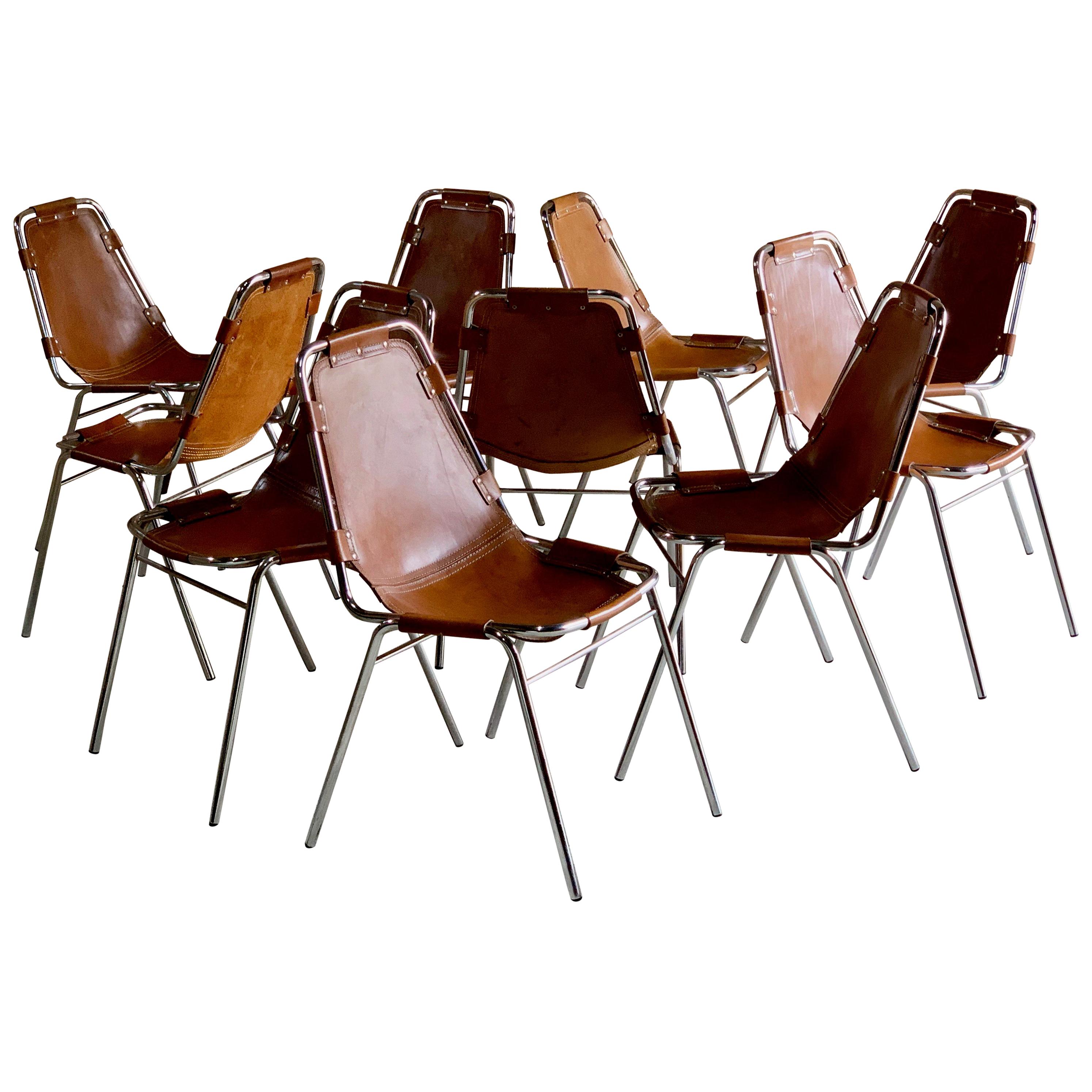 Les Arcs Dining Chairs Leather Set of Ten, 1970s