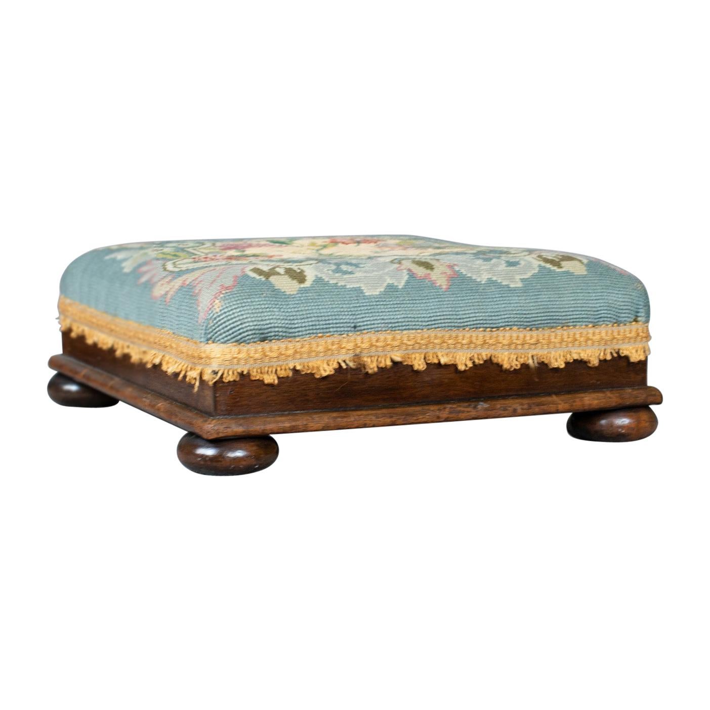 Square Antique Footstool, English, Victorian, Needlepoint, Carriage, circa 1890