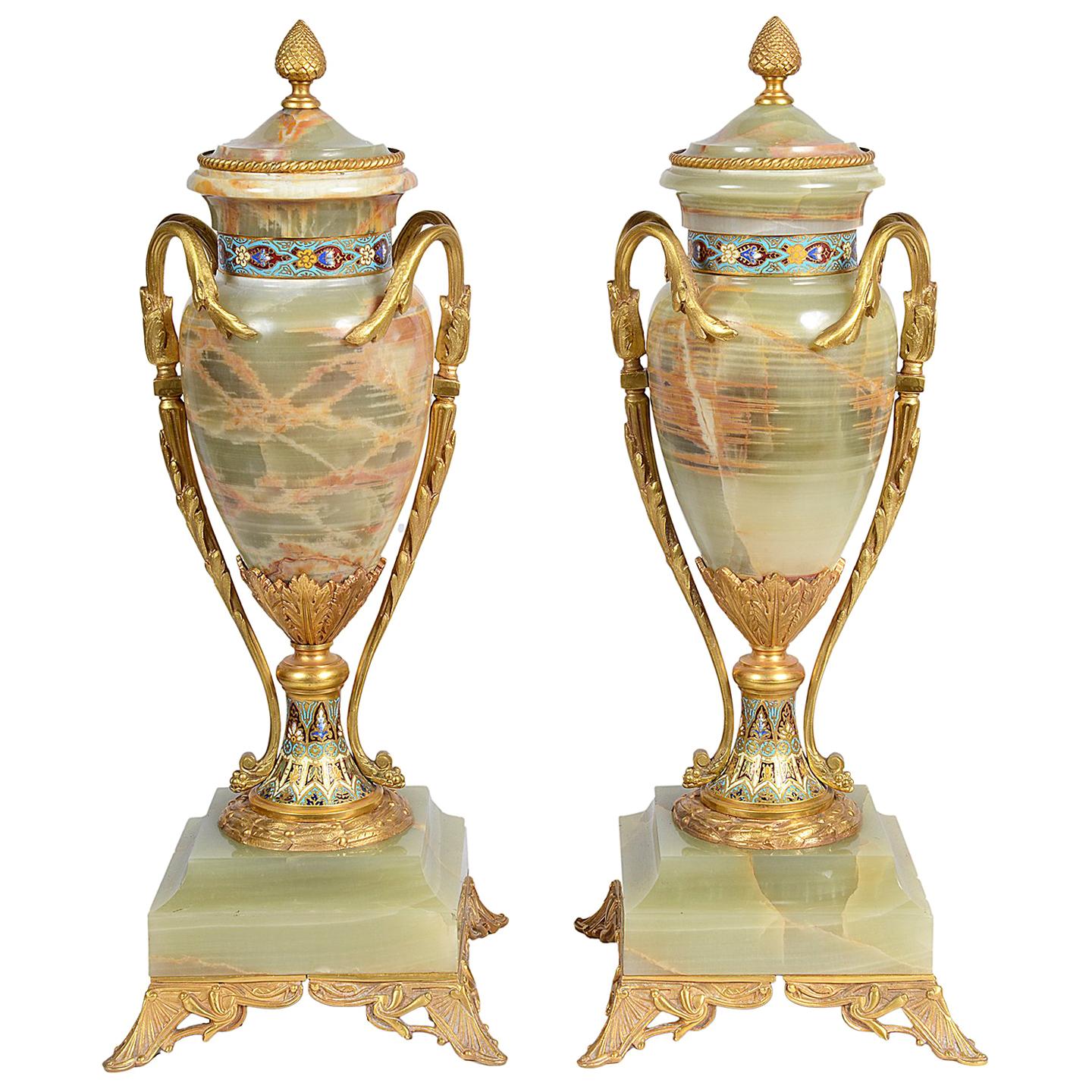 Pair French Onyx and Enamel Urns, circa 1890