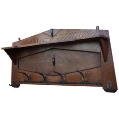 Antique Beautiful & Practical Dutch Arts & Crafts Oak and Cast Iron Hooks Wall Coat Rack