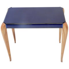 Table d'appoint Art Déco française en verre bleu avec pieds en bois
