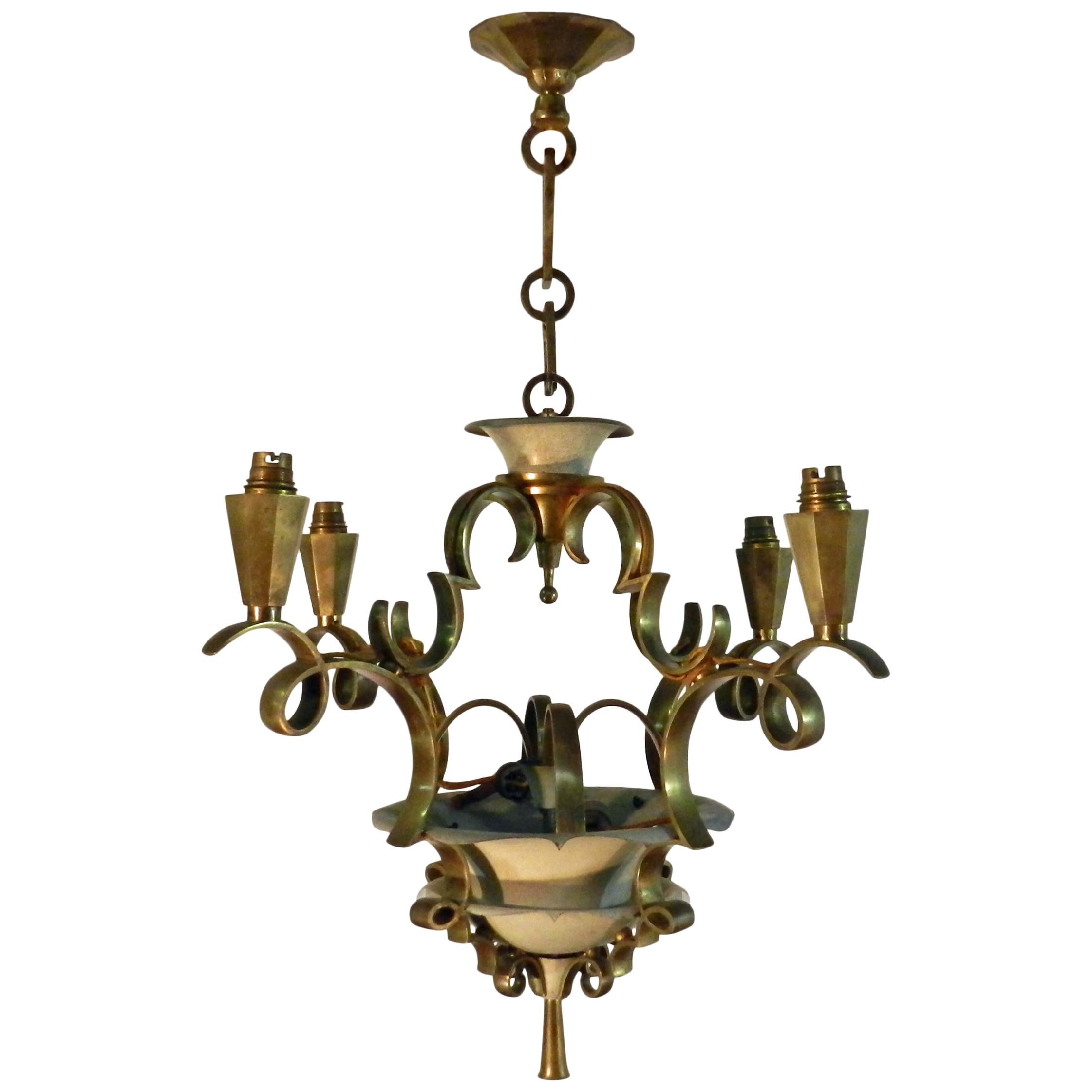 Art Deco Lacquered Metal and Gilt Bronze Chandelier in the Style of Jules Leleu