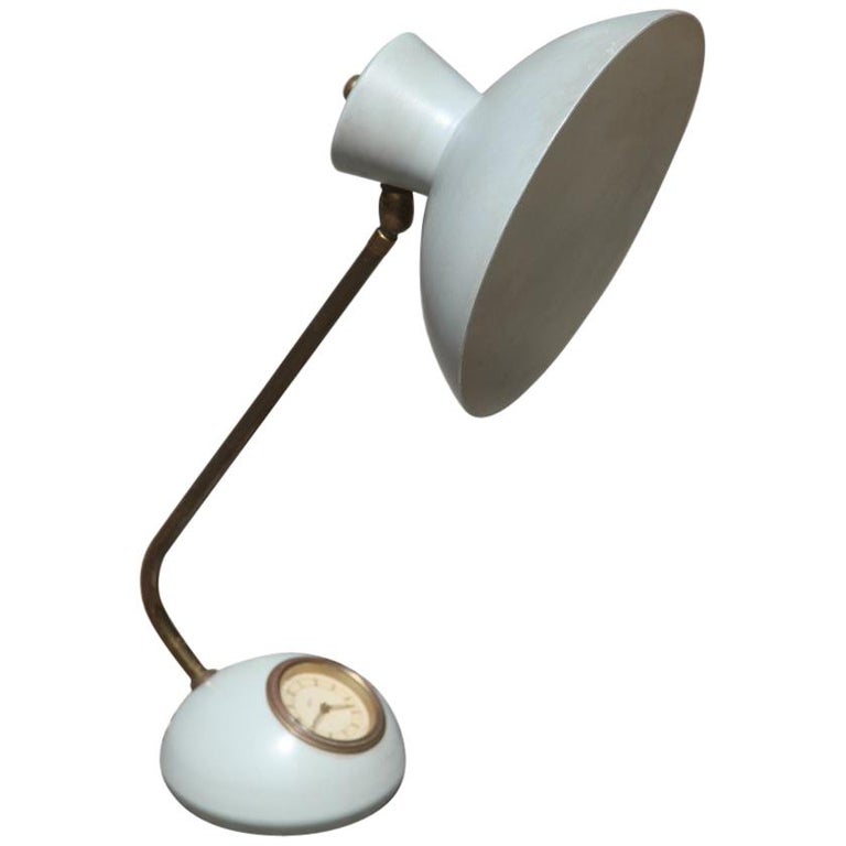 Midcentury Table Lamp with Brass and Lacquered Metal Clock Gold For ...