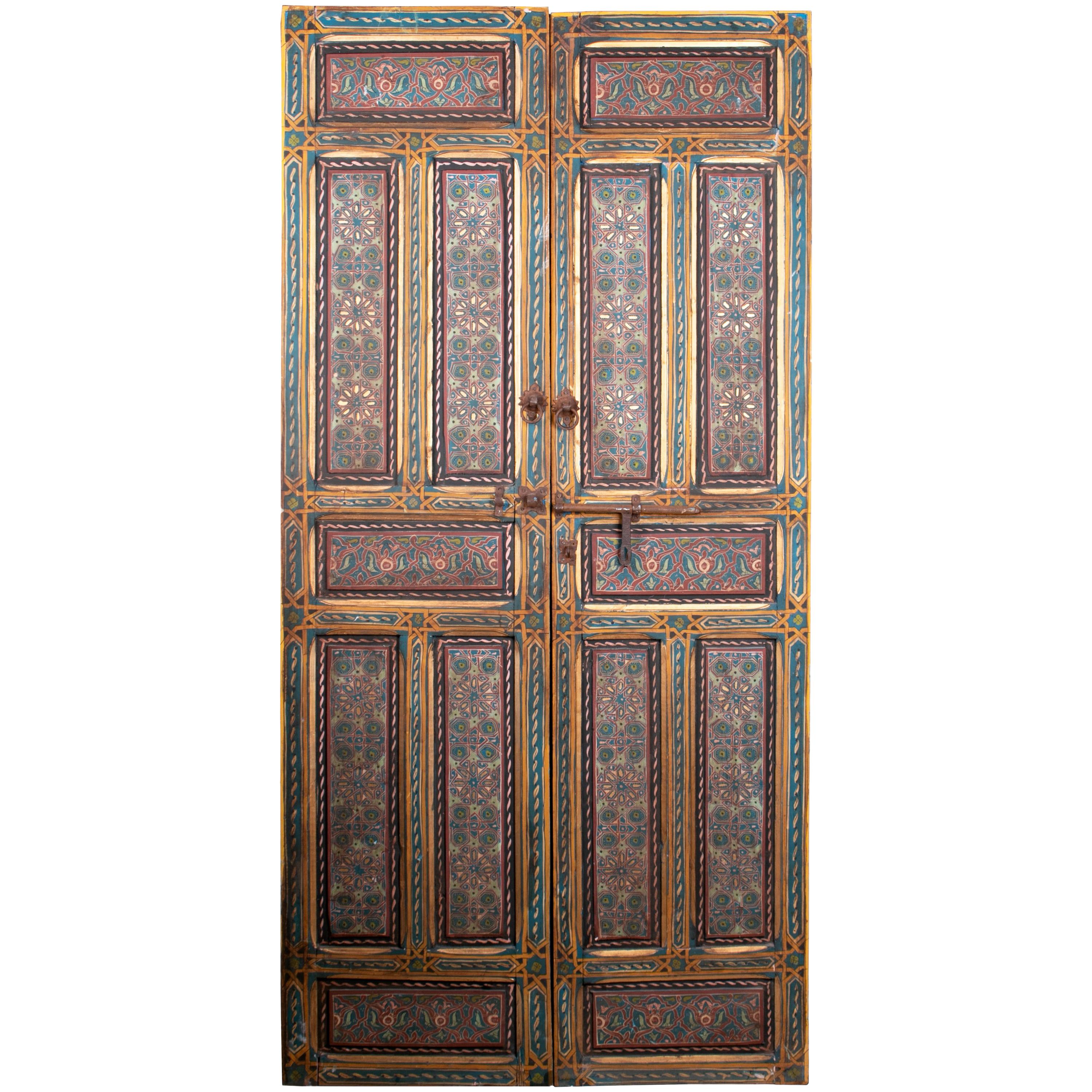 1950s Moroccan Hand Painted Two-Leaf Door with Iron Lock