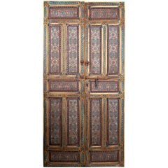 Vintage 1950s Moroccan Hand Painted Two-Leaf Door with Iron Lock