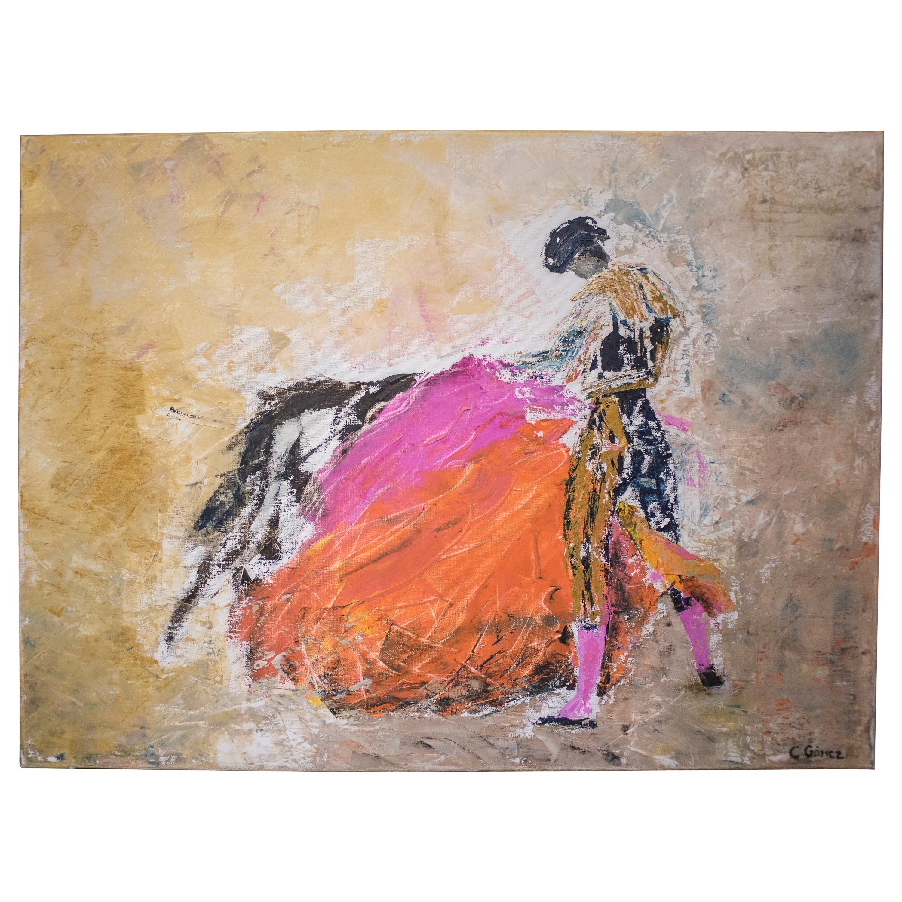 20th Century Expresionist Orange Pink Oiloncanvas Bullfighter, 1990, Signed