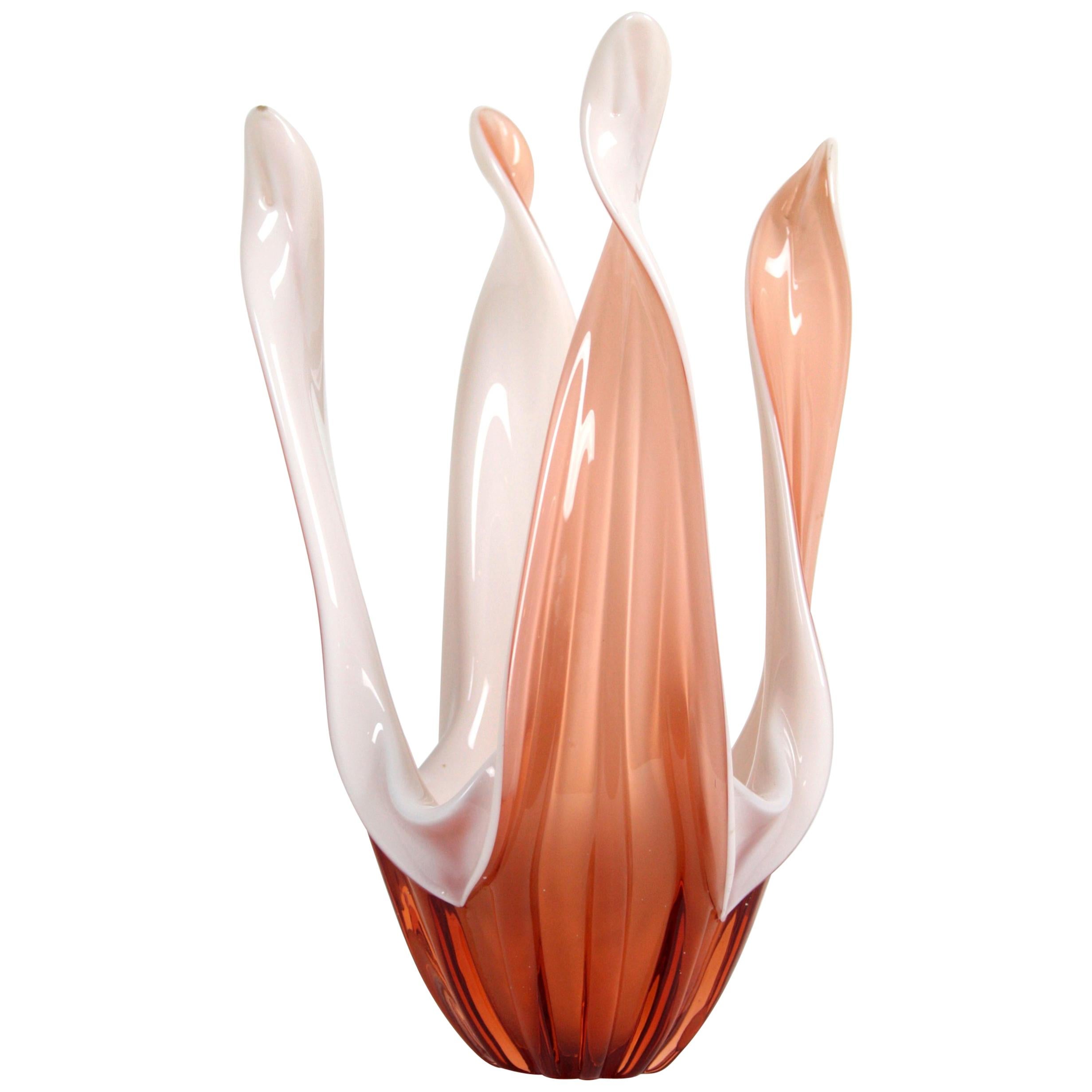Murano Centerpiece Vase in Peach and Opal White Glass, 1960s For Sale