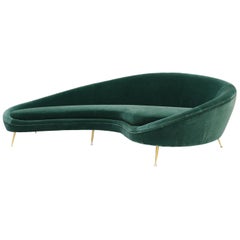 In the Style of Ico Parisi Curved Green Cotton Velvet and Brass Italian Sofa