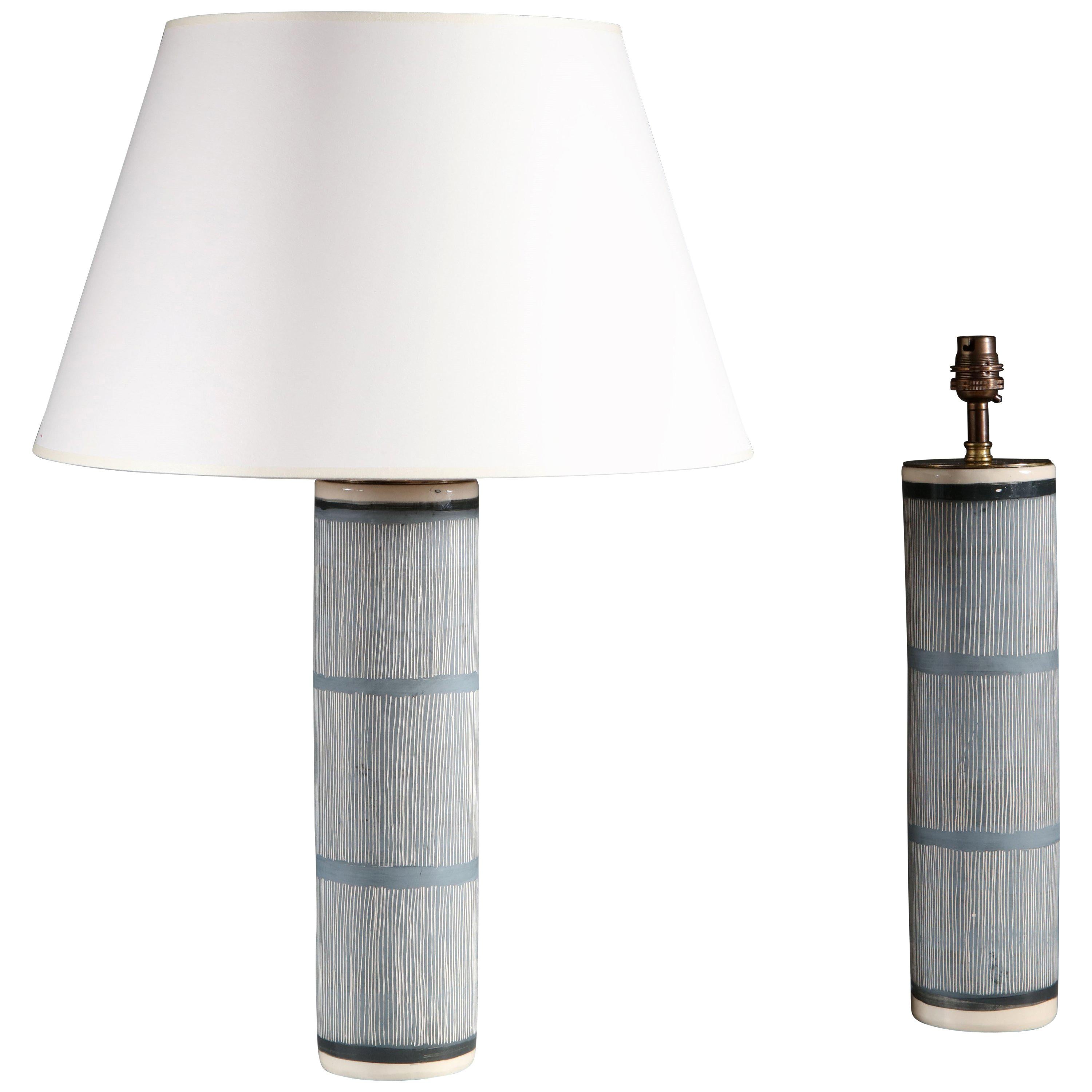 Pair of Dark Blue and White Striped Contemporary Ceramic Studio Pottery Lamps