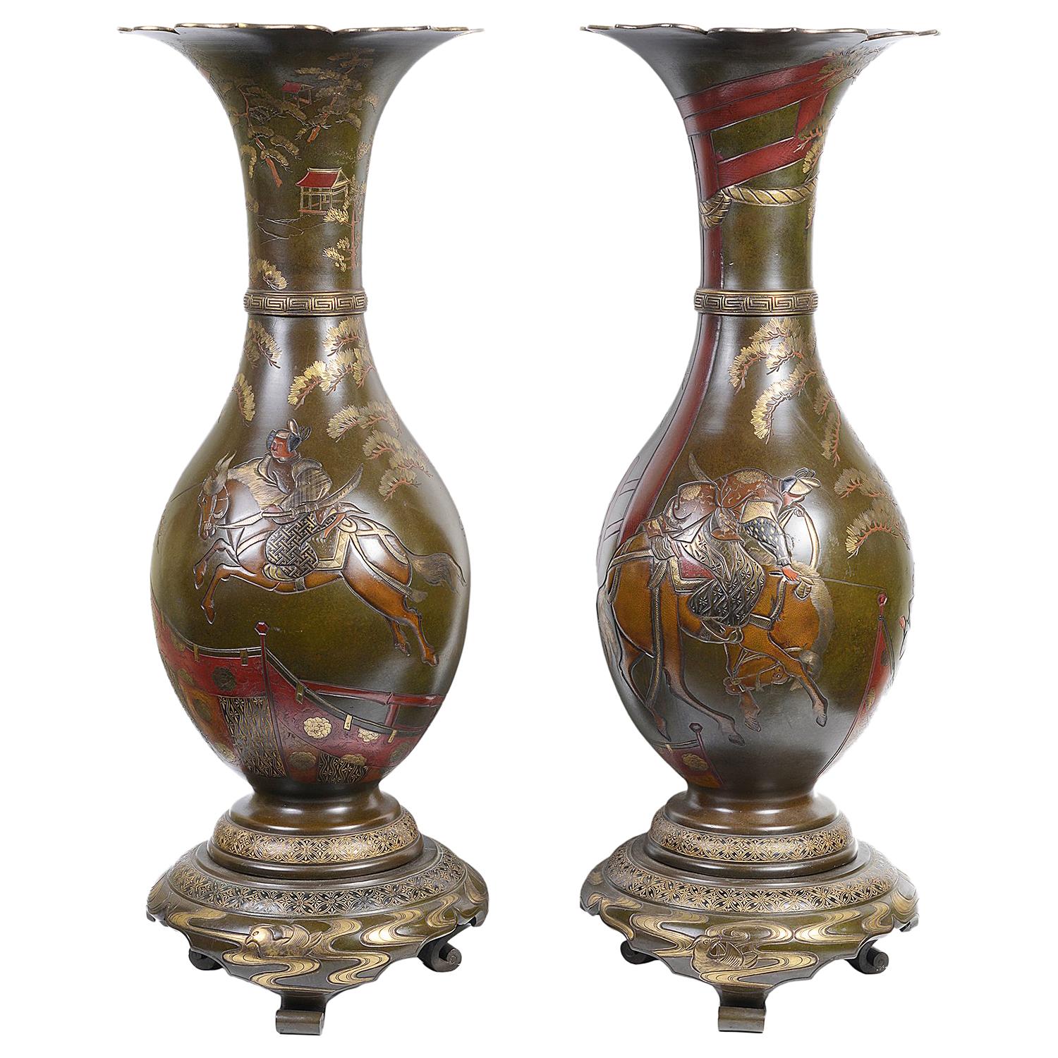 Large Pair Japanese Bronze Meiji Period Vases