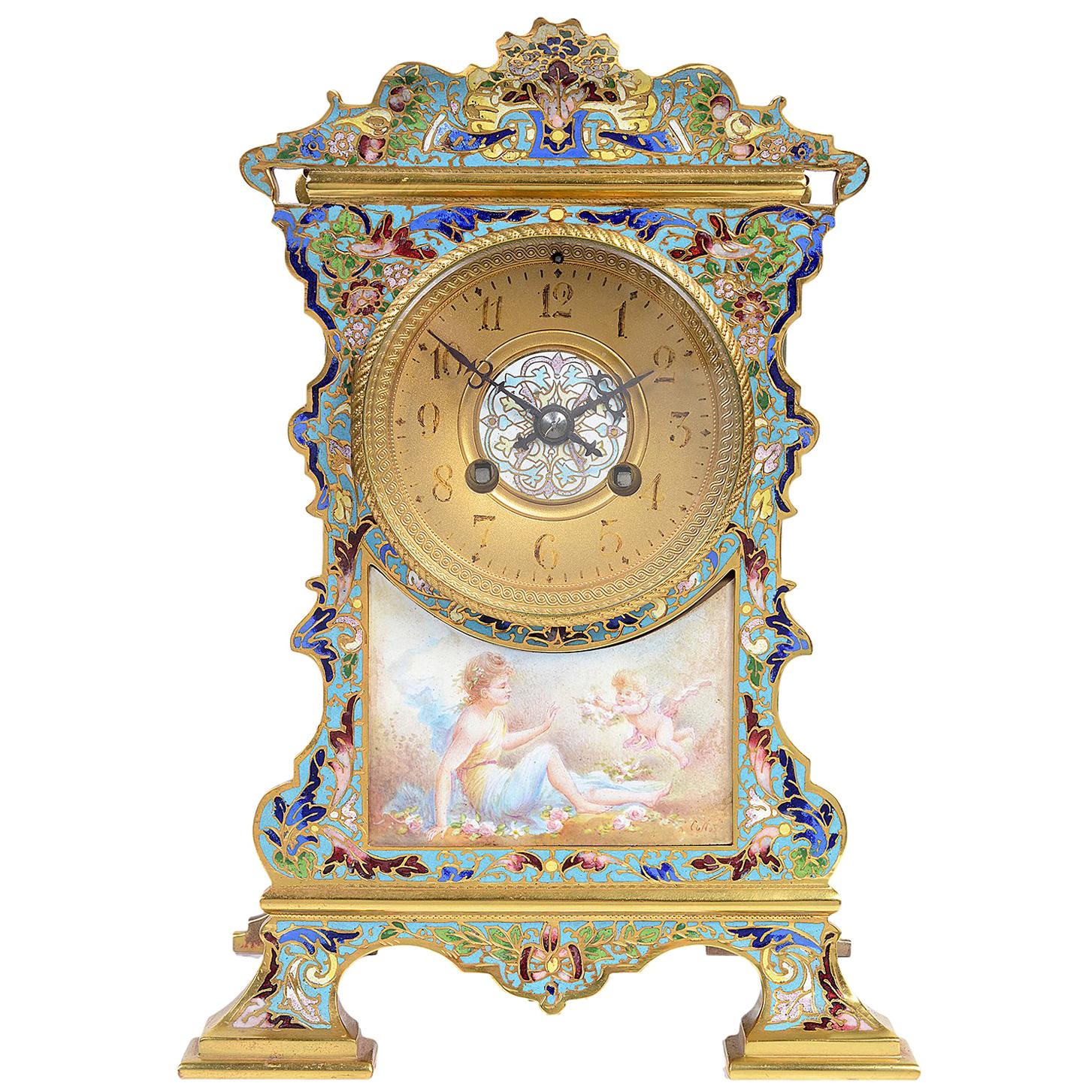 French Champleve Enamel Mantel Clock, 19th Century