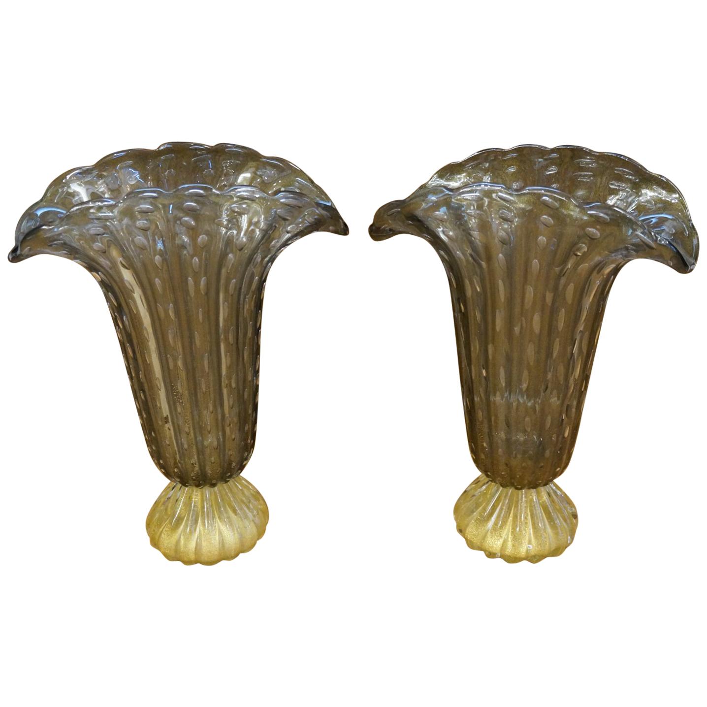 Toso Moderno de Mitad de Siglo Gris Dorado Dos de Cristal de Murano Jarrones Firmados, 1987