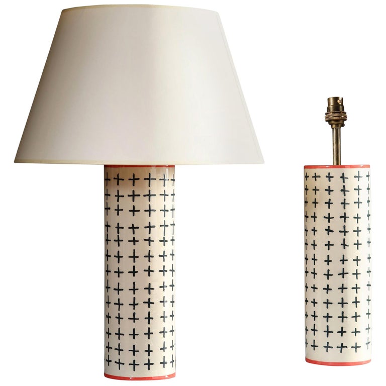 Pair of Contemporary White Studio Pottery Lamps with Black Decoration For Sale