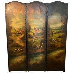 English Leather Hunting Scene Three Panel Screen