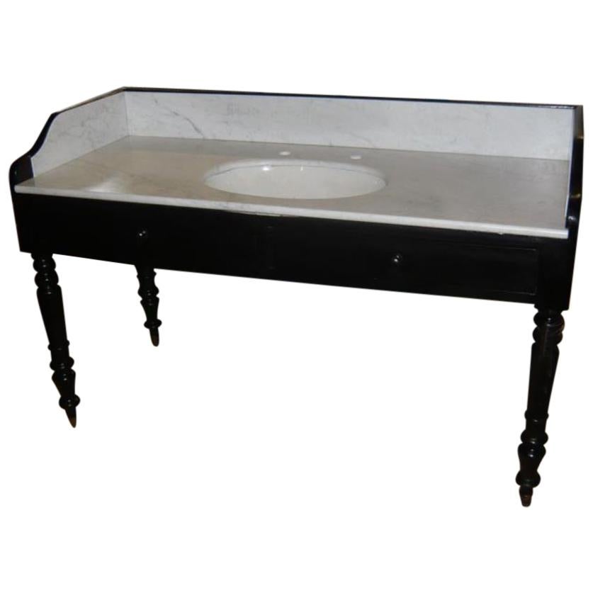 19th Century Italian Ebonized Wood Cupboard Sink with Marble Top, 1890s For Sale