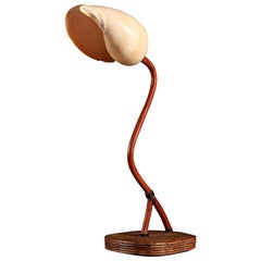 French Midcentury Shell Table or Desk Lamp with Leather Stem and Rattan Base