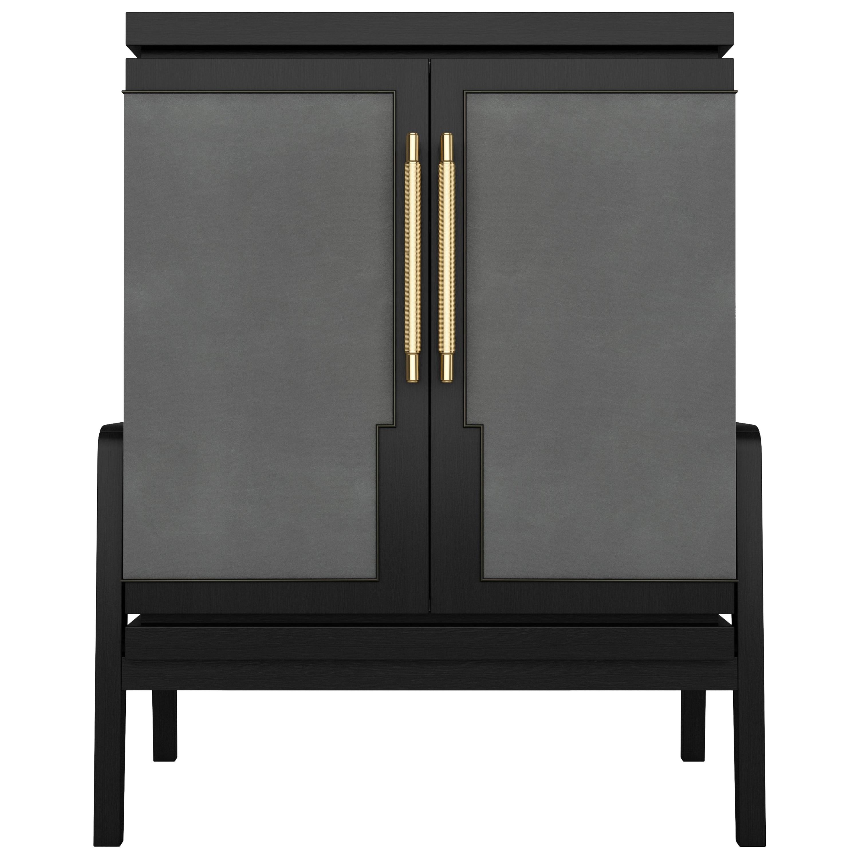 Art Deco Inspired Cupid Cabinet in Show-wood and Upholstered & Novasuede