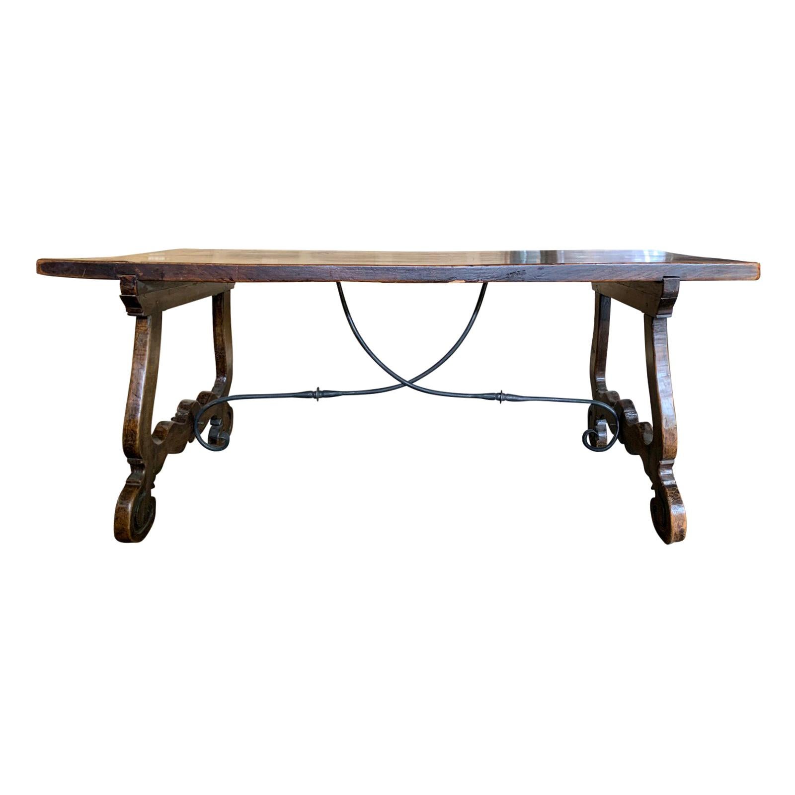 19th Century Spanish Walnut-Top Trestle Table with Iron Stretcher, circa 1860