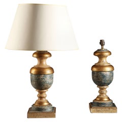 Pair of Italian Wooden Baluster Table Lamps with Polychrome Painted Residue