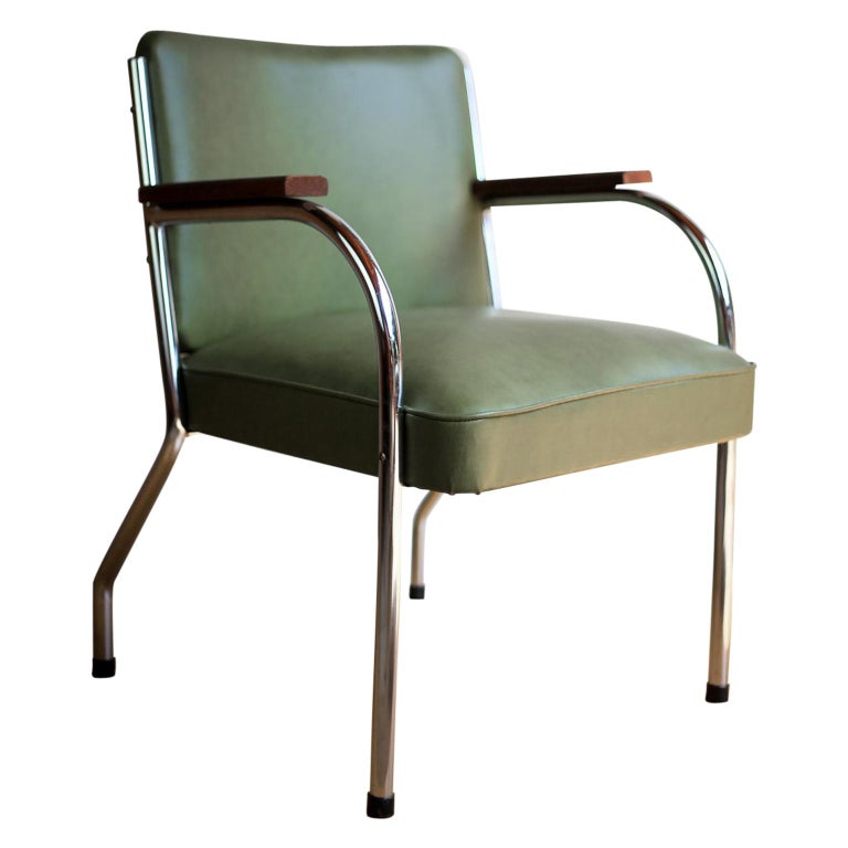 Vintage Bauhaus Tubular Chromed Steel and Green Vinyl Waiting Room