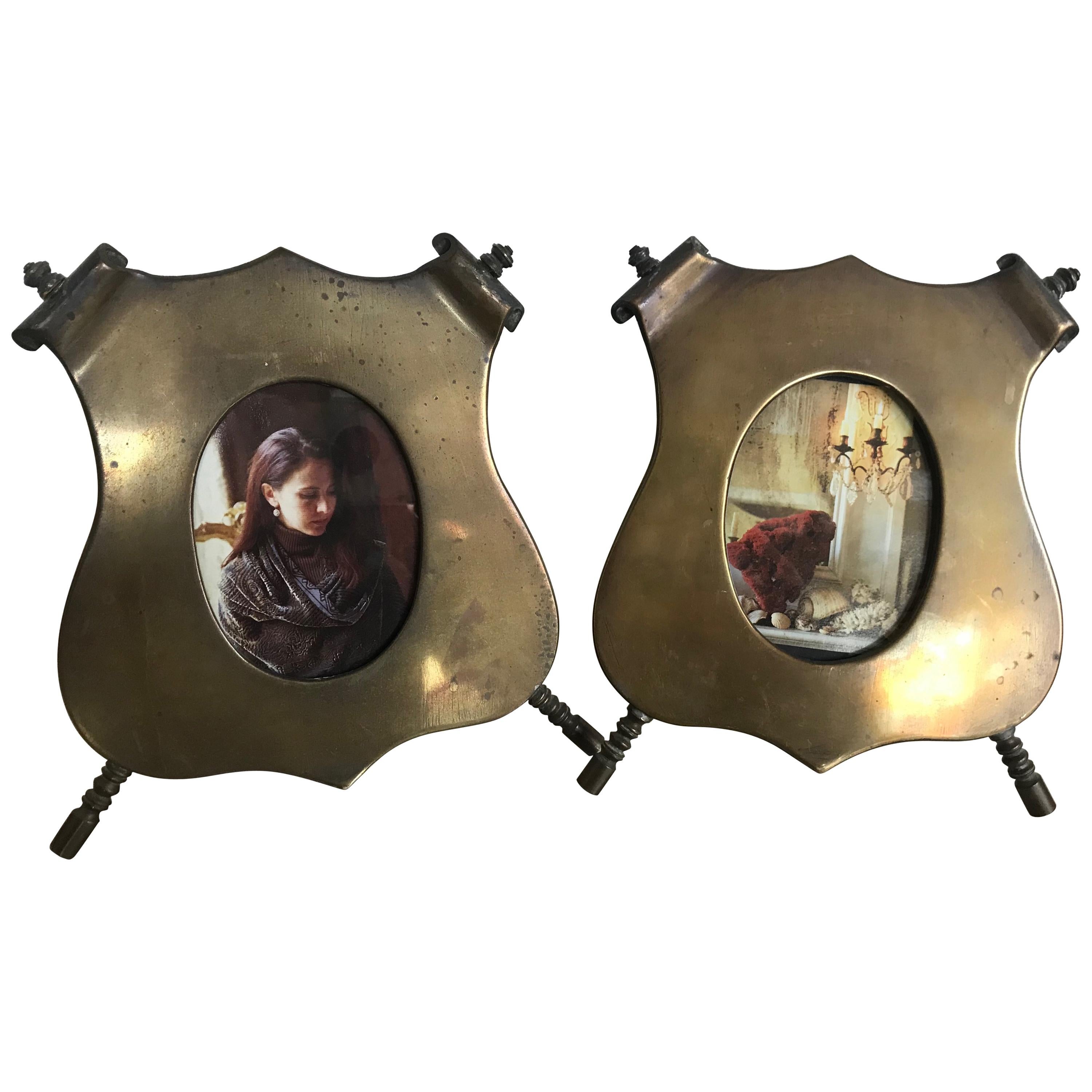 Pair of Bronze Shield Shape Photo Picture Frames, circa 1940 For Sale