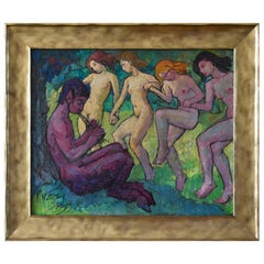 Art Deco painting dancing nudes & satyr Philippe Georges Bermyn