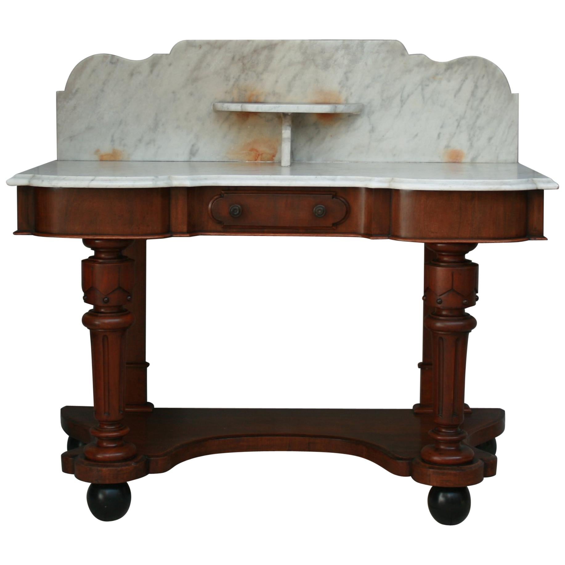 Antique Victorian Washstand, Mahogany and White Marble, 19th Century
