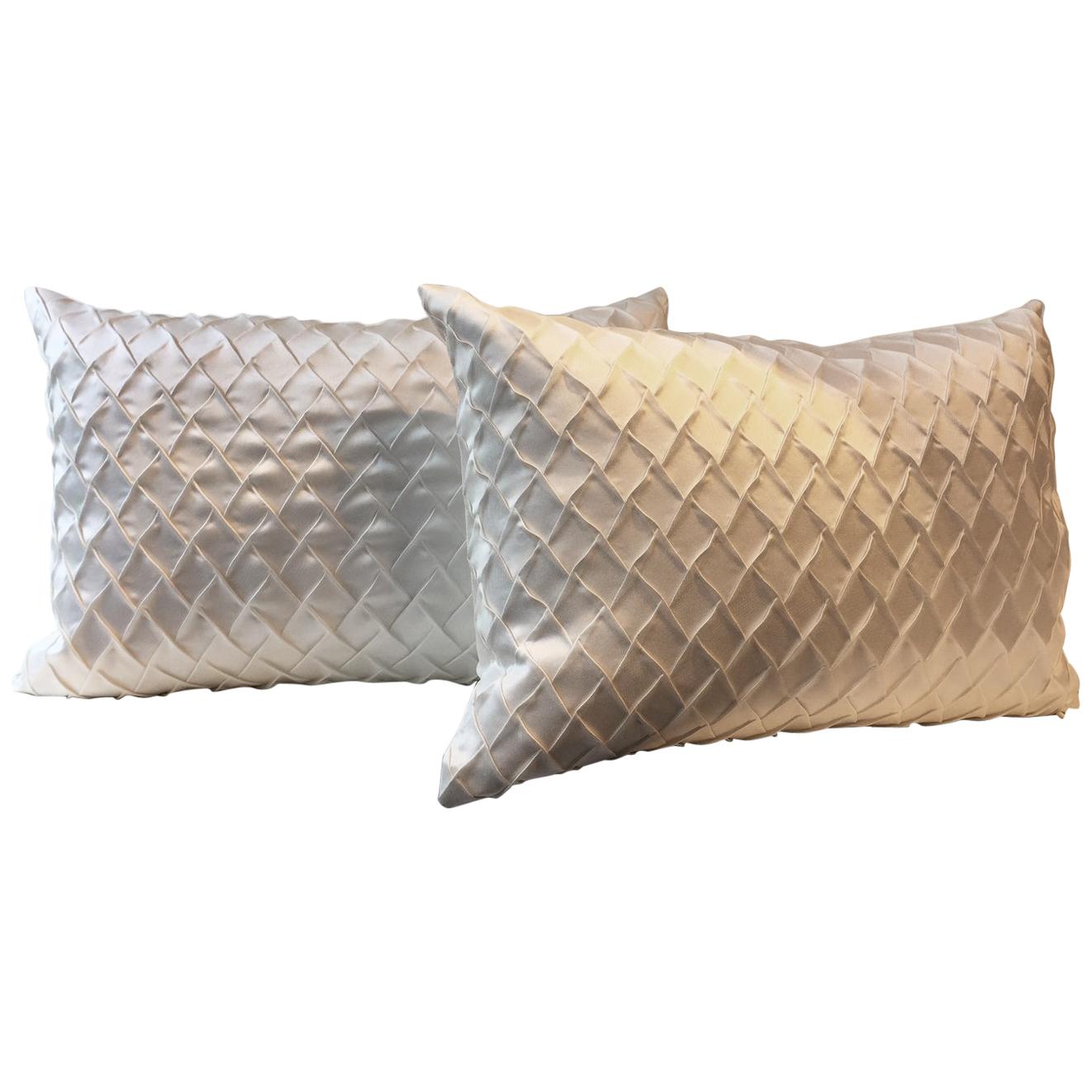Pair Silk Cushions Fish Scale Pattern Embossed Colour Oyster Rectangular Shape