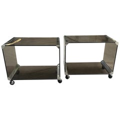 Mid-Century Modern Italian Pair of Smoked Glass Carts by Gallotti & Radice 1970s