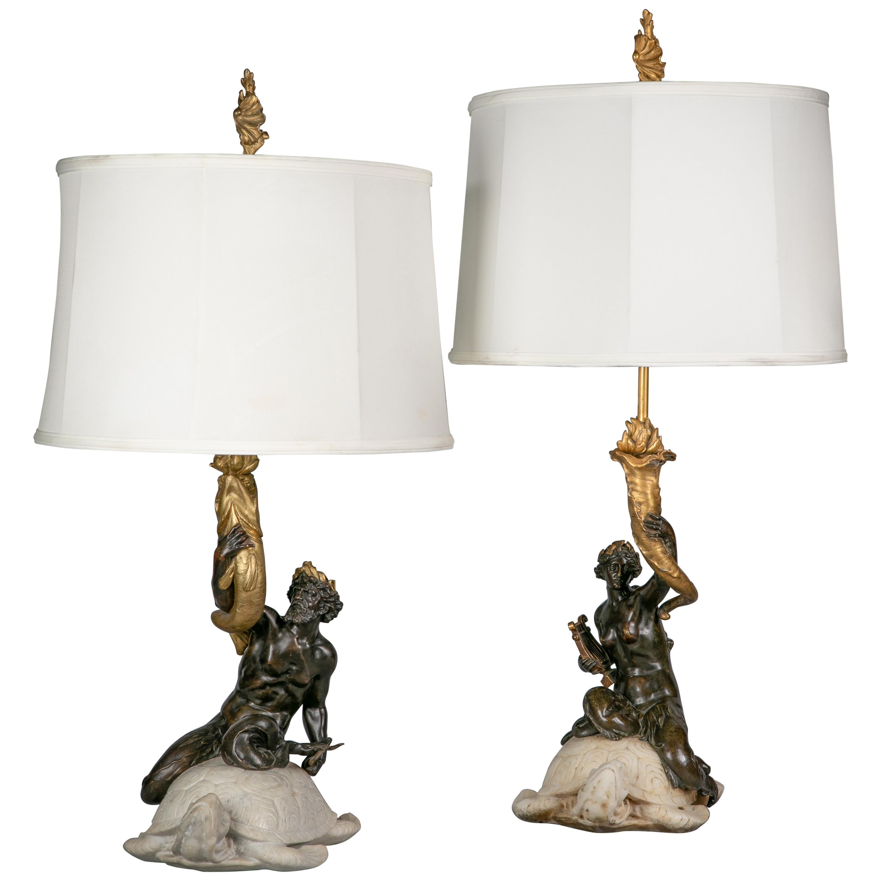 Two American Bronze and Marble Table Lamps, E.F. Caldwell, circa 1915 For Sale
