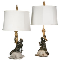 Antique Two American Bronze and Marble Table Lamps, E.F. Caldwell, circa 1915